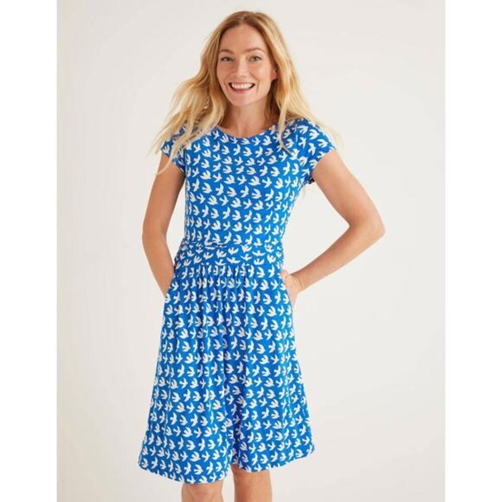 Boden Bird Print Amelie Jersey Dress blue & white pockets plus size 16/ 18 LONG